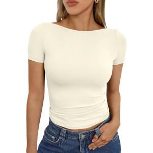 Trendy Queen Womens Boat Neck Tops Short Sleeve T-Shirts Slim Fitted Compression Summer Y2k Basic Clothes 2025(Lightapricot)