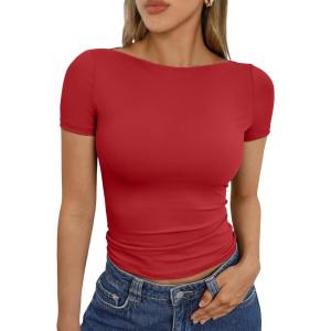 Trendy Queen Womens Boat Neck Tops Short Sleeve T-Shirts Slim Fitted Compression Summer Y2k Basic Clothes 2025(Red)