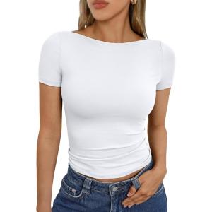 Trendy Queen Womens Boat Neck Tops Short Sleeve T-Shirts Slim Fitted Compression Summer Y2k Basic Clothes 2025(White)