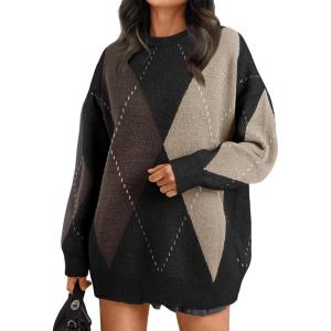 Trendy Queen Women’s Color Block Argyle Plaid Oversized Chunky Knit Crewneck Sweaters 2025(Black Nutmeg)