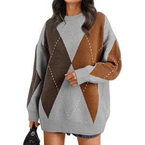 Trendy Queen Women’s Color Block Argyle Plaid Oversized Chunky Knit Crewneck Sweaters 2025(Grey Coffee)