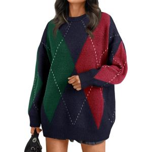 Trendy Queen Women’s Color Block Argyle Plaid Oversized Chunky Knit Crewneck Sweaters 2025(Navy Green)