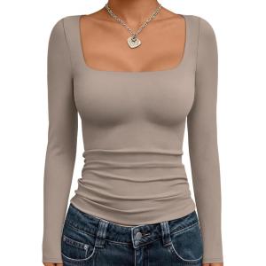 Trendy Queen Womens Double Lined Square Neck Long Sleeve Slightly Crop Slim Fit Tops Casual Layer Basic Tee Shirts 2025(Coffee Grey)