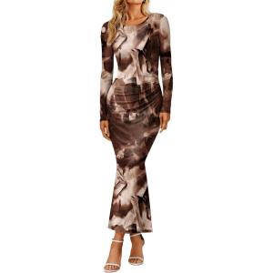 Trendy Queen Women’s Floral Print Bodycon Ruched Dress Fall Long Sleeve Maxi Wedding Guest Dresses with Side Slit(Coffee)