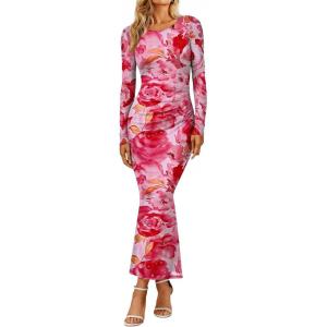 Trendy Queen Women’s Floral Print Bodycon Ruched Dress Fall Long Sleeve Maxi Wedding Guest Dresses with Side Slit(Pink)