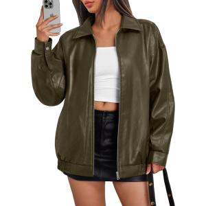 Trendy Queen Womens Leather Jackets Oversized Faux Motorcycle Plus Size Moto Biker Coat Fall Outfits Fashion Clothes 2025(Armygreen)