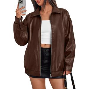 Trendy Queen Womens Leather Jackets Oversized Faux Motorcycle Plus Size Moto Biker Coat Fall Outfits Fashion Clothes 2025(Brown)