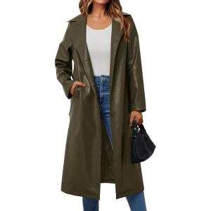 Trendy Queen Womens Long Leather Jackets Trench Coat Blazer Lapel Faux Open Front with Belt(Army Green)