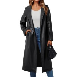 Trendy Queen Womens Long Leather Jackets Trench Coat Blazer Lapel Faux Open Front with Belt(Black)