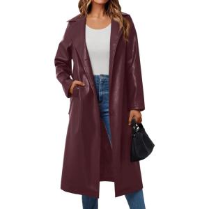 Trendy Queen Womens Long Leather Jackets Trench Coat Blazer Lapel Faux Open Front with Belt(Wine)