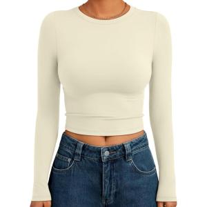 Trendy Queen Womens Long Sleeve Crop Tops Basic Slim Fitted Shirts Fashion 2025 Going Out Y2k Tops Teen Girl Clothes(Apricot)