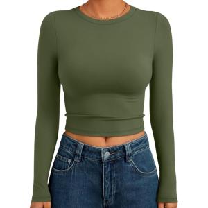 Trendy Queen Womens Long Sleeve Crop Tops Basic Slim Fitted Shirts Fashion 2025 Going Out Y2k Tops Teen Girl Clothes(Army Green)