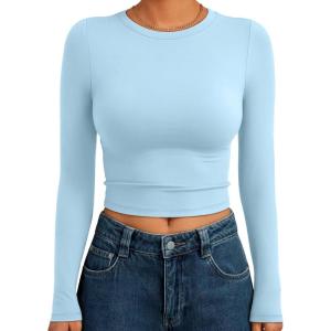 Trendy Queen Womens Long Sleeve Crop Tops Basic Slim Fitted Shirts Fashion 2025 Going Out Y2k Tops Teen Girl Clothes(Baby Blue)
