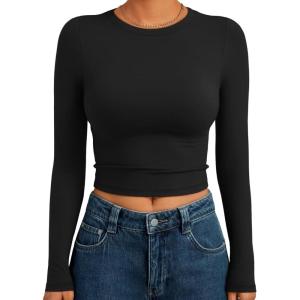 Trendy Queen Womens Long Sleeve Crop Tops Basic Slim Fitted Shirts Fashion 2025 Going Out Y2k Tops Teen Girl Clothes(Black)