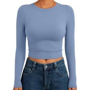 Trendy Queen Womens Long Sleeve Crop Tops Basic Slim Fitted Shirts Fashion 2025 Going Out Y2k Tops Teen Girl Clothes(Blue Gray)