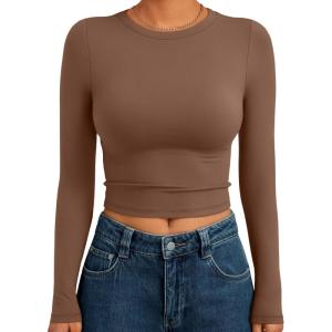 Trendy Queen Womens Long Sleeve Crop Tops Basic Slim Fitted Shirts Fashion 2025 Going Out Y2k Tops Teen Girl Clothes(Brown)
