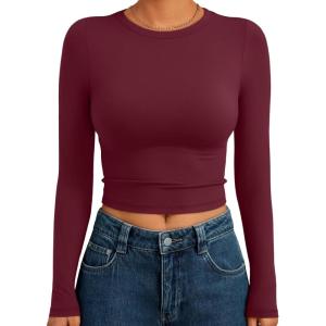 Trendy Queen Womens Long Sleeve Crop Tops Basic Slim Fitted Shirts Fashion 2025 Going Out Y2k Tops Teen Girl Clothes(Burgundy)