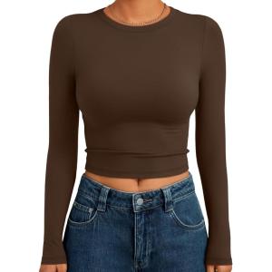 Trendy Queen Womens Long Sleeve Crop Tops Basic Slim Fitted Shirts Fashion 2025 Going Out Y2k Tops Teen Girl Clothes(Chocolate Brown)
