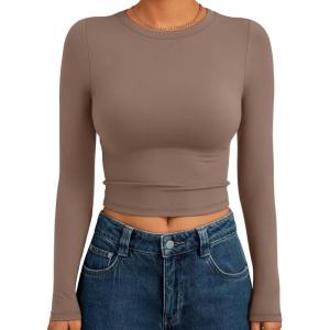 Trendy Queen Womens Long Sleeve Crop Tops Basic Slim Fitted Shirts Fashion 2025 Going Out Y2k Tops Teen Girl Clothes(Coffee Grey)