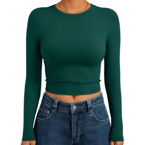 Trendy Queen Womens Long Sleeve Crop Tops Basic Slim Fitted Shirts Fashion 2025 Going Out Y2k Tops Teen Girl Clothes(Dark Green)
