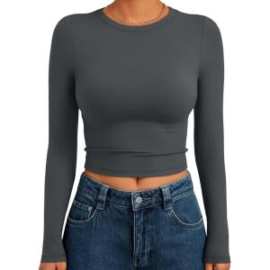 Trendy Queen Womens Long Sleeve Crop Tops Basic Slim Fitted Shirts Fashion 2025 Going Out Y2k Tops Teen Girl Clothes(Gray)
