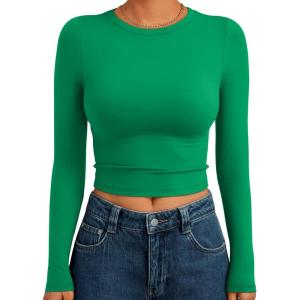 Trendy Queen Womens Long Sleeve Crop Tops Basic Slim Fitted Shirts Fashion 2025 Going Out Y2k Tops Teen Girl Clothes(Green)