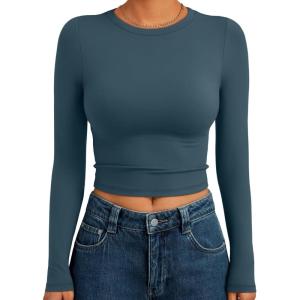 Trendy Queen Womens Long Sleeve Crop Tops Basic Slim Fitted Shirts Fashion 2025 Going Out Y2k Tops Teen Girl Clothes(Haze Blue)