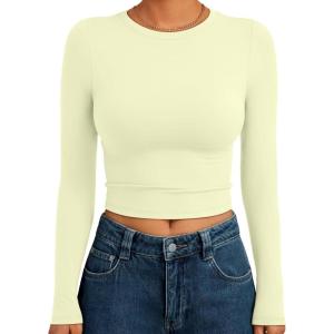 Trendy Queen Womens Long Sleeve Crop Tops Basic Slim Fitted Shirts Fashion 2025 Going Out Y2k Tops Teen Girl Clothes(Lemon Yellow)