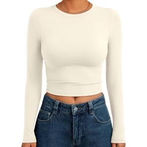Trendy Queen Womens Long Sleeve Crop Tops Basic Slim Fitted Shirts Fashion 2025 Going Out Y2k Tops Teen Girl Clothes(Light Apricot)