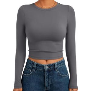 Trendy Queen Womens Long Sleeve Crop Tops Basic Slim Fitted Shirts Fashion 2025 Going Out Y2k Tops Teen Girl Clothes(Light Gray)