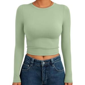 Trendy Queen Womens Long Sleeve Crop Tops Basic Slim Fitted Shirts Fashion 2025 Going Out Y2k Tops Teen Girl Clothes(Light Green)