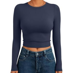 Trendy Queen Womens Long Sleeve Crop Tops Basic Slim Fitted Shirts Fashion 2025 Going Out Y2k Tops Teen Girl Clothes(Navy)