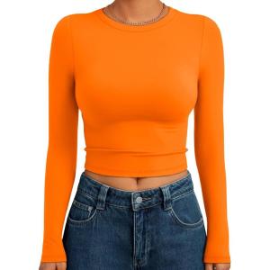 Trendy Queen Womens Long Sleeve Crop Tops Basic Slim Fitted Shirts Fashion 2025 Going Out Y2k Tops Teen Girl Clothes(Orange)