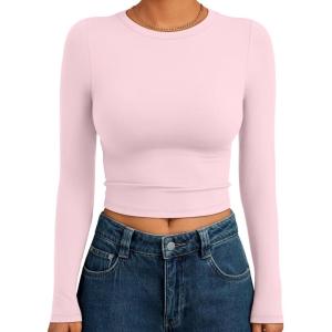 Trendy Queen Womens Long Sleeve Crop Tops Basic Slim Fitted Shirts Fashion 2025 Going Out Y2k Tops Teen Girl Clothes(Pink)