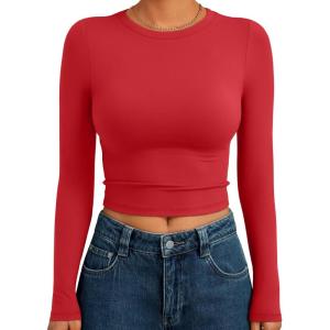 Trendy Queen Womens Long Sleeve Crop Tops Basic Slim Fitted Shirts Fashion 2025 Going Out Y2k Tops Teen Girl Clothes(Red)