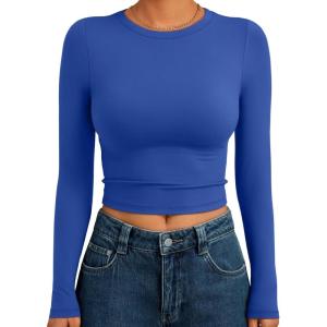 Trendy Queen Womens Long Sleeve Crop Tops Basic Slim Fitted Shirts Fashion 2025 Going Out Y2k Tops Teen Girl Clothes(Royal Blue)