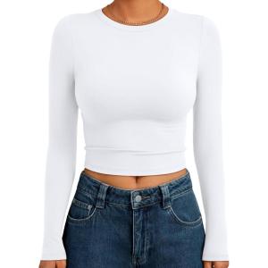 Trendy Queen Womens Long Sleeve Crop Tops Basic Slim Fitted Shirts Fashion 2025 Going Out Y2k Tops Teen Girl Clothes(White)
