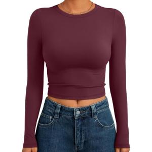 Trendy Queen Womens Long Sleeve Crop Tops Basic Slim Fitted Shirts Fashion 2025 Going Out Y2k Tops Teen Girl Clothes(Wine Red)