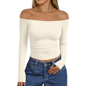 Trendy Queen Womens Long Sleeve Off The Shoulder Tops Going Out Cute Basic Y2K Fall Fashion 2025 Outfits Clothes(Apricot)