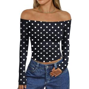 Trendy Queen Womens Long Sleeve Off The Shoulder Tops Going Out Cute Basic Y2K Fall Fashion 2025 Outfits Clothes(Black Dots)