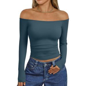 Trendy Queen Womens Long Sleeve Off The Shoulder Tops Going Out Cute Basic Y2K Fall Fashion 2025 Outfits Clothes(Blue)
