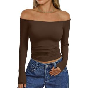 Trendy Queen Womens Long Sleeve Off The Shoulder Tops Going Out Cute Basic Y2K Fall Fashion 2025 Outfits Clothes(Chocolate)