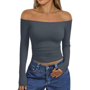 Trendy Queen Womens Long Sleeve Off The Shoulder Tops Going Out Cute Basic Y2K Fall Fashion 2025 Outfits Clothes(Grey)