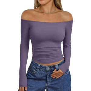 Trendy Queen Womens Long Sleeve Off The Shoulder Tops Going Out Cute Basic Y2K Fall Fashion 2025 Outfits Clothes(Greypurple)