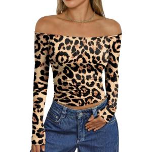 Trendy Queen Womens Long Sleeve Off The Shoulder Tops Going Out Cute Basic Y2K Fall Fashion 2025 Outfits Clothes(Leopard)