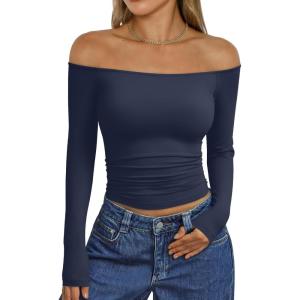 Trendy Queen Womens Long Sleeve Off The Shoulder Tops Going Out Cute Basic Y2K Fall Fashion 2025 Outfits Clothes(Navy)