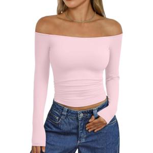 Trendy Queen Womens Long Sleeve Off The Shoulder Tops Going Out Cute Basic Y2K Fall Fashion 2025 Outfits Clothes(Pink)