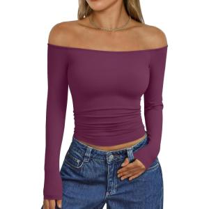 Trendy Queen Womens Long Sleeve Off The Shoulder Tops Going Out Cute Basic Y2K Fall Fashion 2025 Outfits Clothes(Purple)