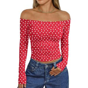 Trendy Queen Womens Long Sleeve Off The Shoulder Tops Going Out Cute Basic Y2K Fall Fashion 2025 Outfits Clothes(Red Heart)