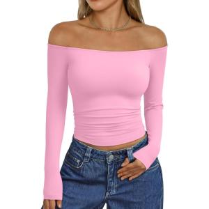 Trendy Queen Womens Long Sleeve Off The Shoulder Tops Going Out Cute Basic Y2K Fall Fashion 2025 Outfits Clothes(Rose Pink)